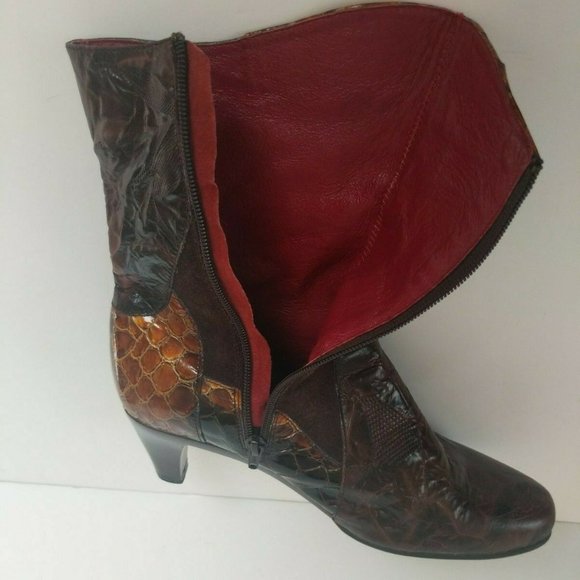 Helle Laine Womens Heels Brown Croc Patch Suede Leather Boots US 8.5-9 M EUR 39 - Picture 4 of 11